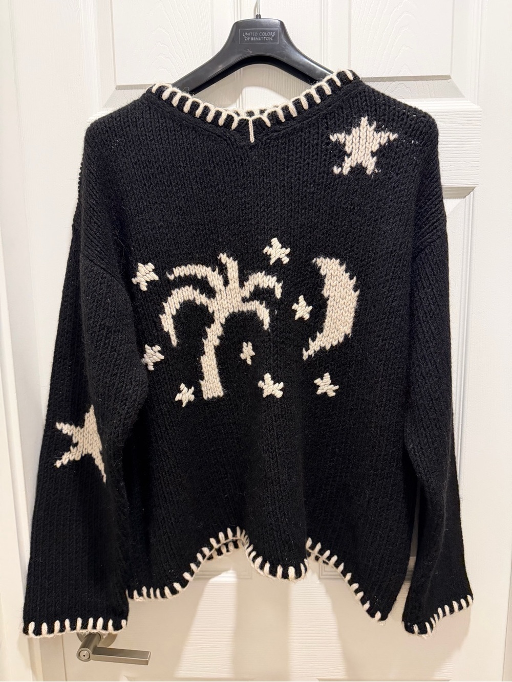 Palm Angels Black Sweater with Cream Moon & Palm Motifs